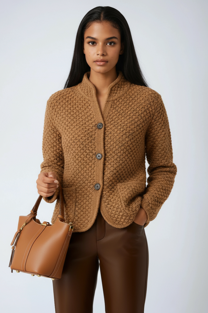 Wollen cardigan dames met knoopsluiting, opstaande kraag en opgestikte zakken 2