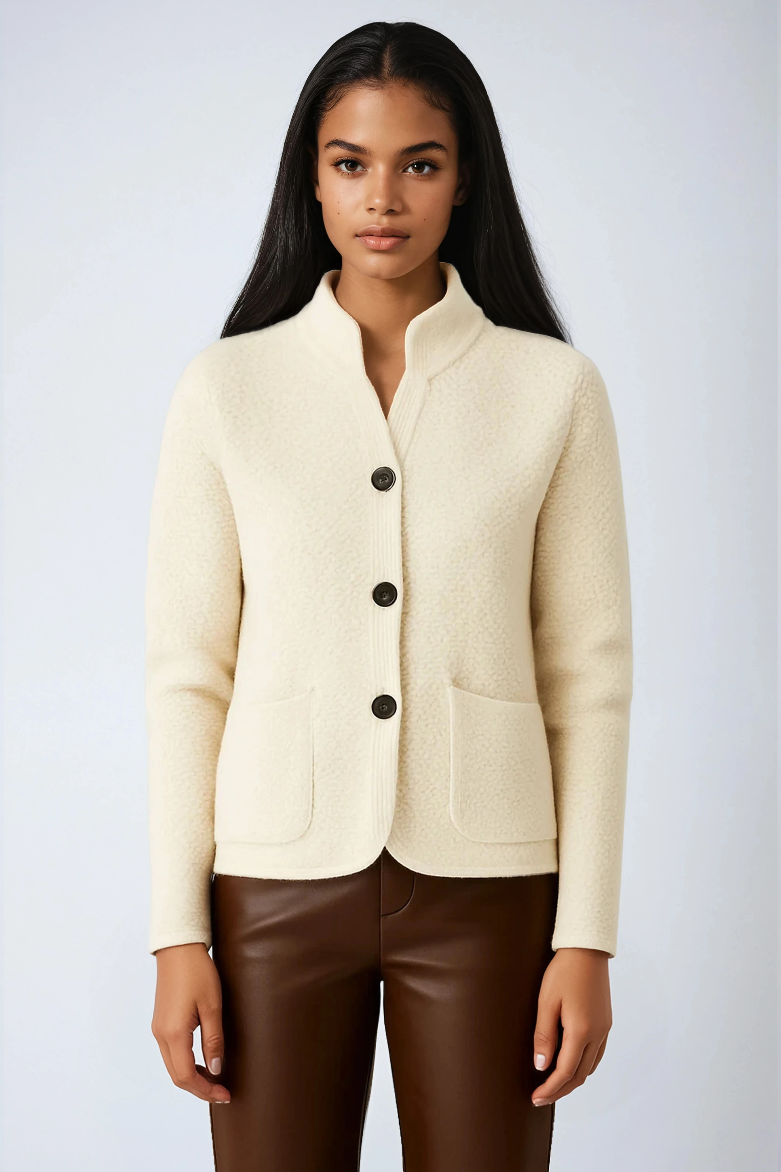 Wollen cardigan dames met knoopsluiting, opstaande kraag en opgestikte zakken 3