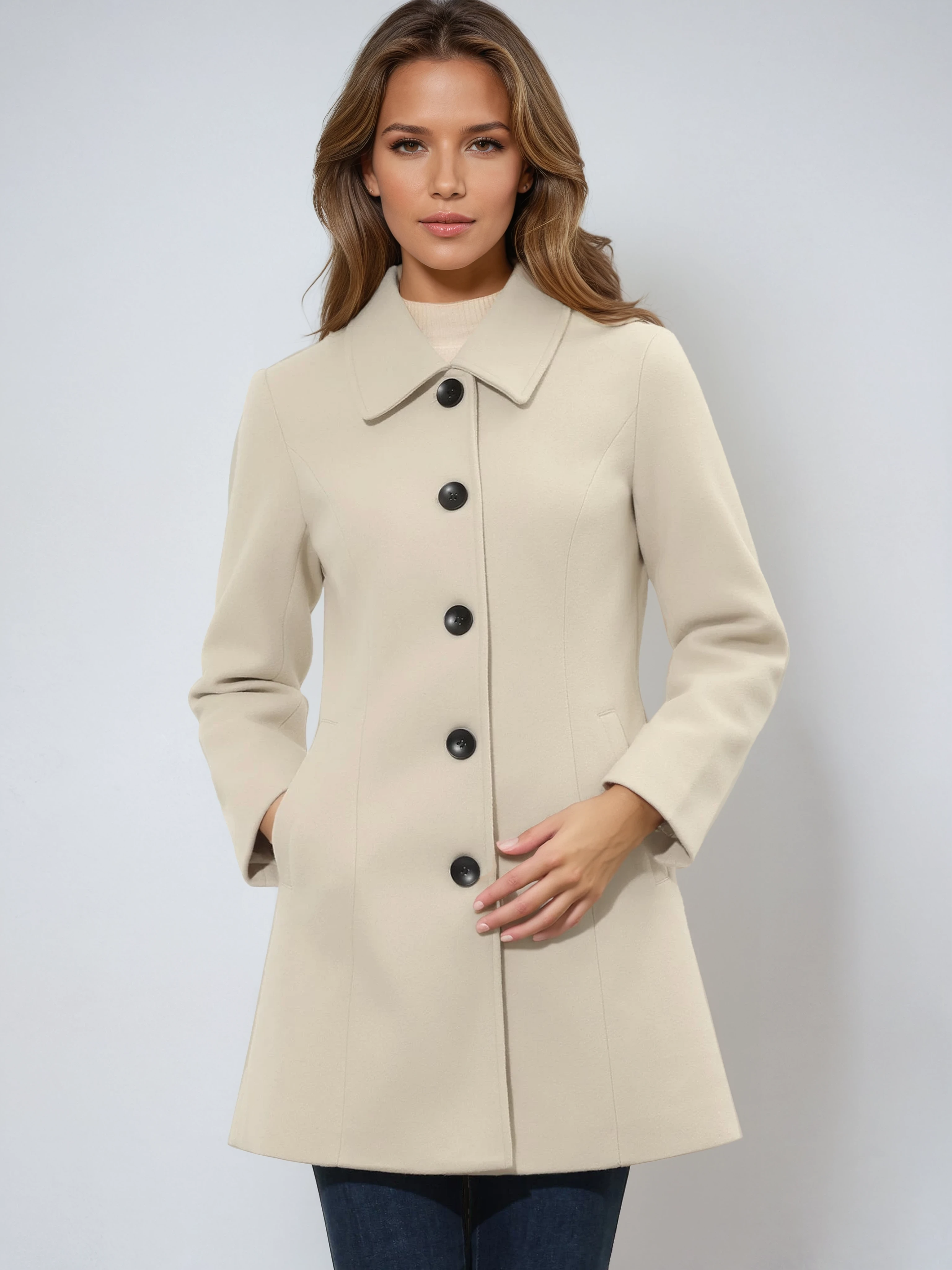 Wollen trenchcoat dames met enkele rij knopen en getailleerde pasvorm 9