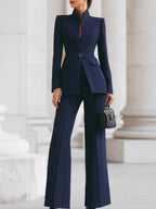 Wollen tweedelige set dames met gestructureerde blazer en wijde broek 1