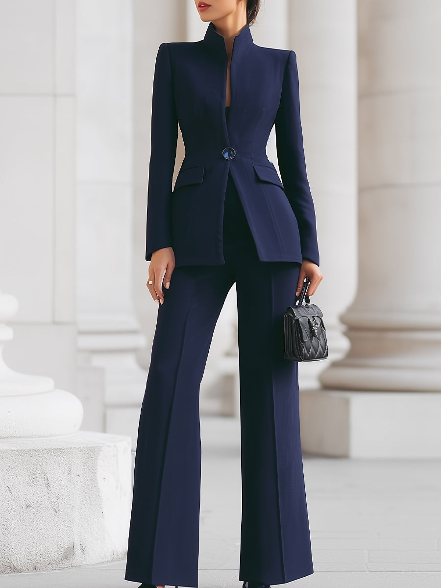 Wollen tweedelige set dames met gestructureerde blazer en wijde broek 1