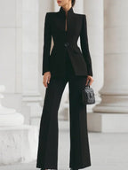 Wollen tweedelige set dames met gestructureerde blazer en wijde broek 3