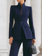 Wollen tweedelige set dames met gestructureerde blazer en wijde broek 4