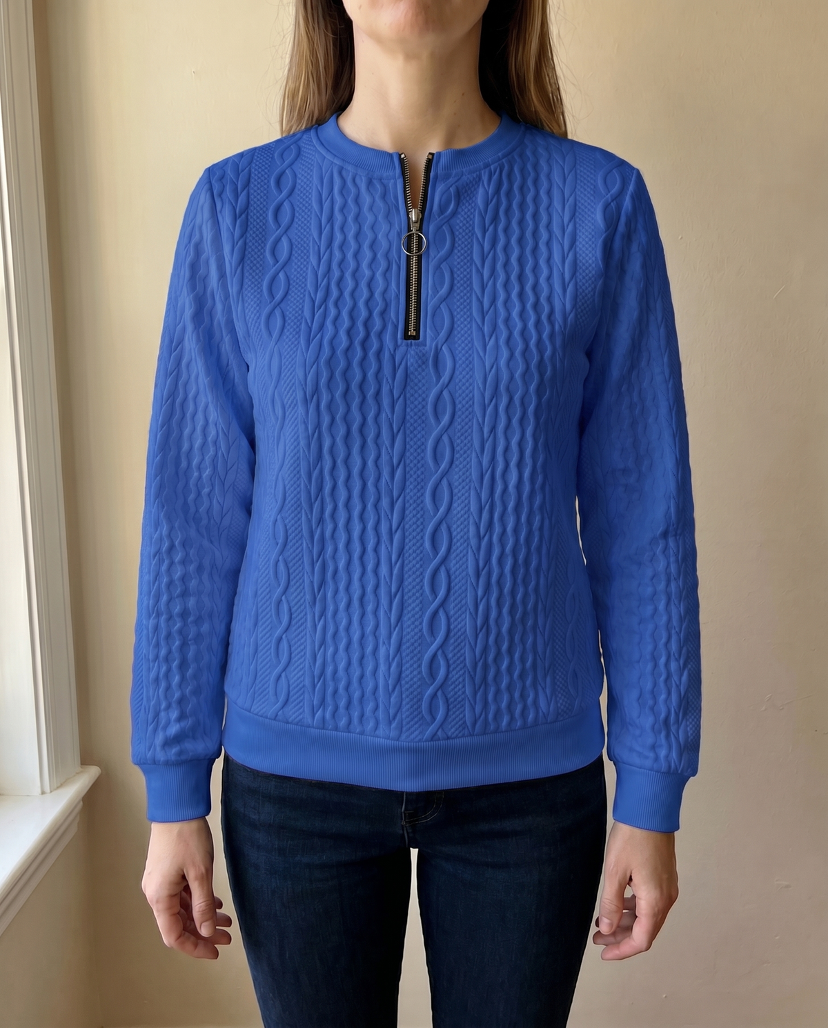 Zip sweater dames met kabelstructuur en opstaande kraag