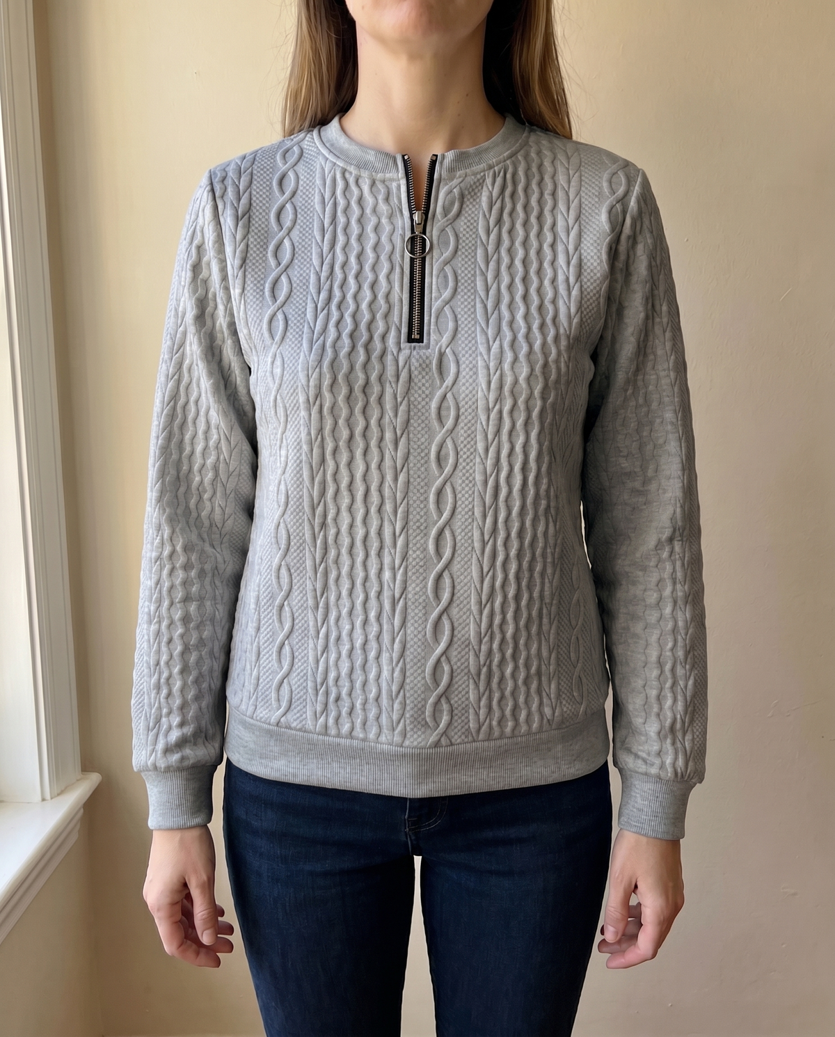 Zip sweater dames met kabelstructuur en opstaande kraag