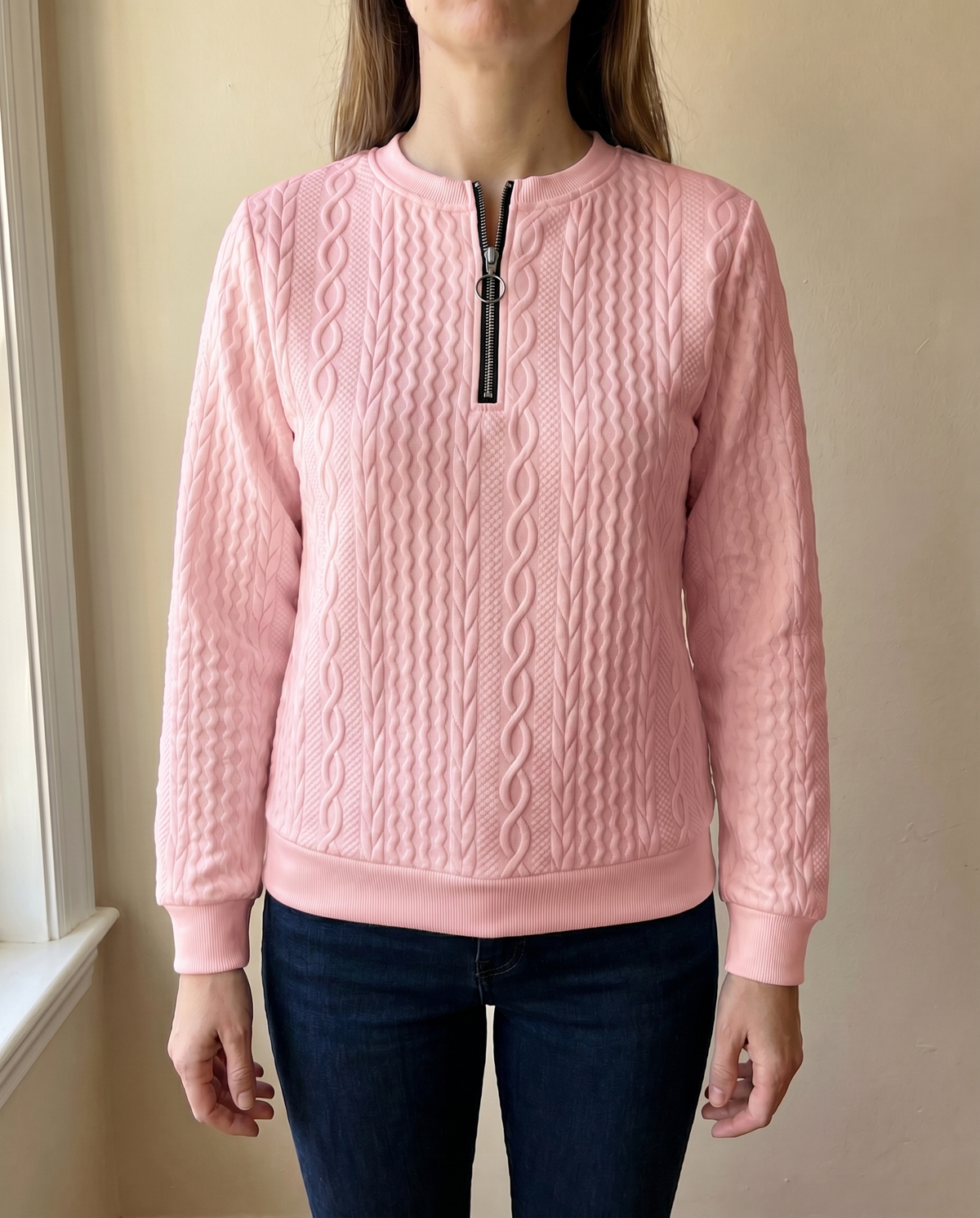 Zip sweater dames met kabelstructuur en opstaande kraag