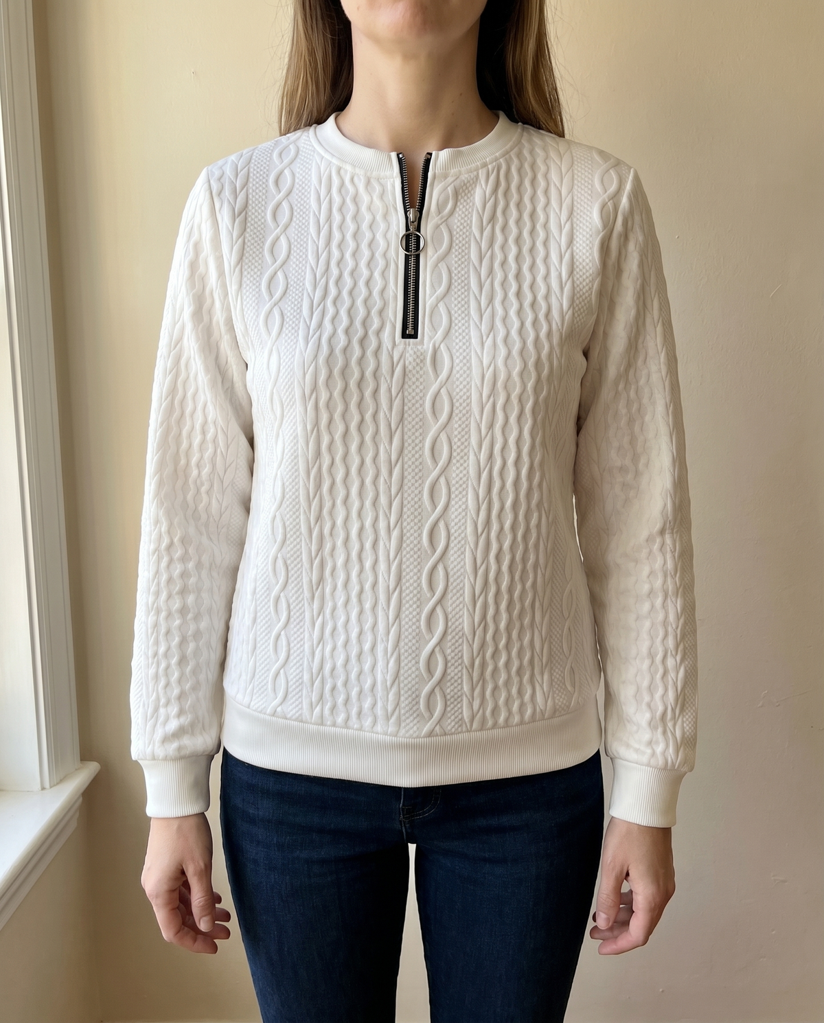 Zip sweater dames met kabelstructuur en opstaande kraag