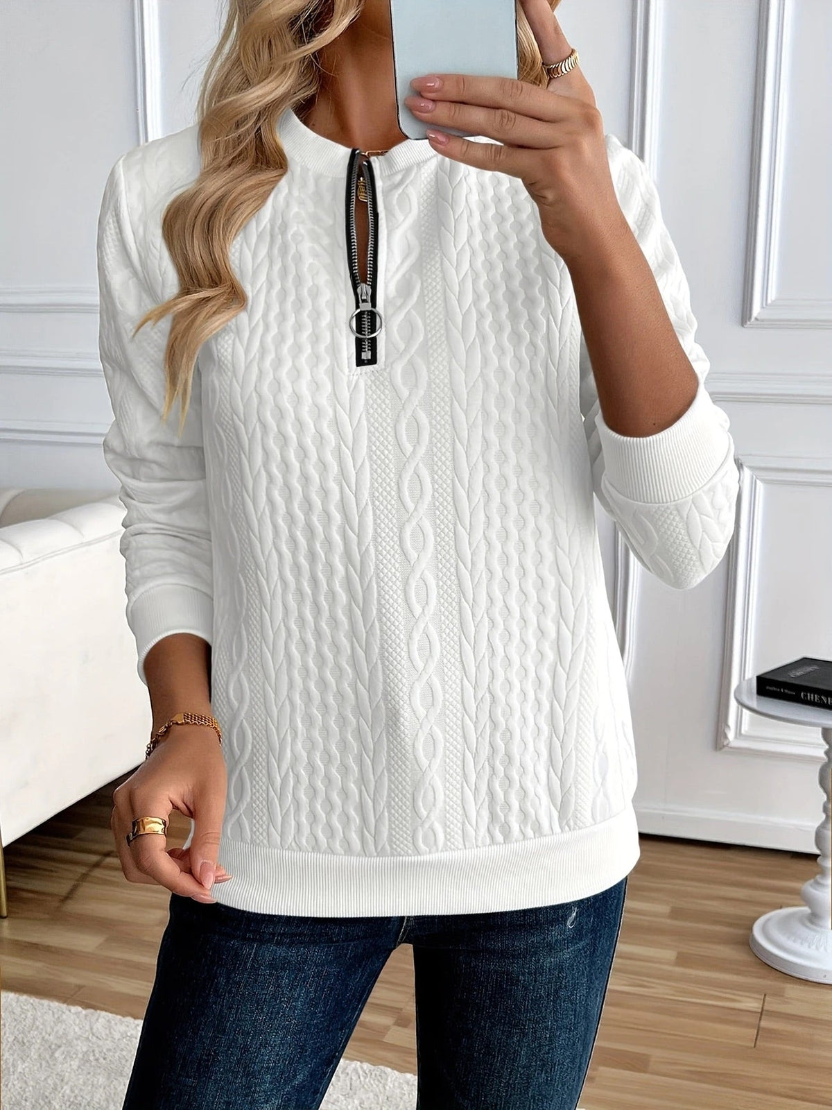 Zip sweater dames met kabelstructuur en opstaande kraag 1