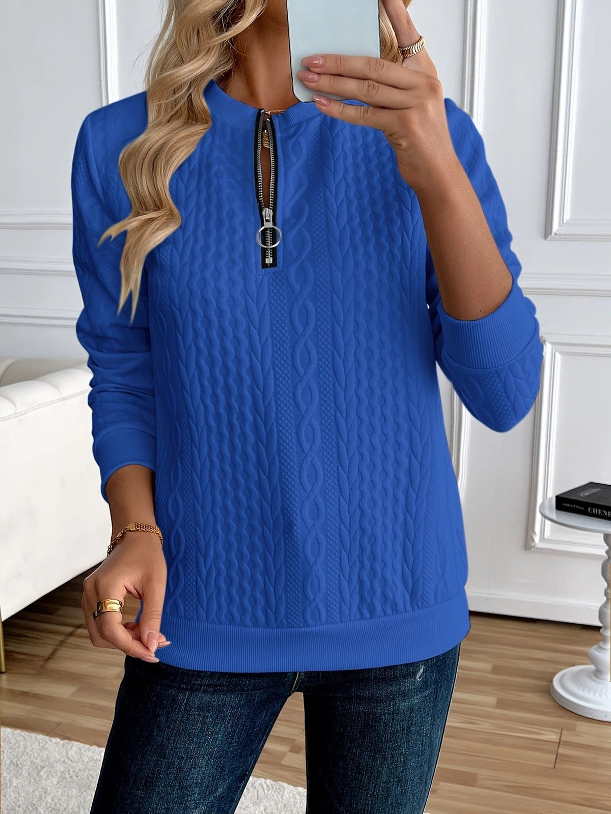 Zip sweater dames met kabelstructuur en opstaande kraag 4